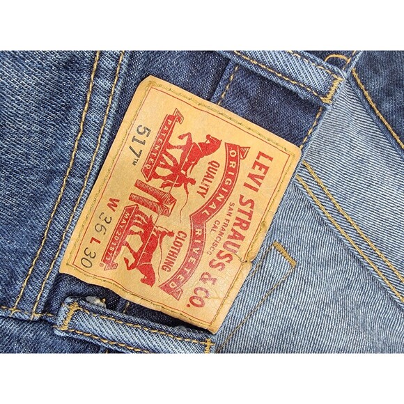 Levis 517 Jeans Mens 36x30 Blue Denim Bootcut Straight Leg Distressed Raw Hem - Picture 11 of 15